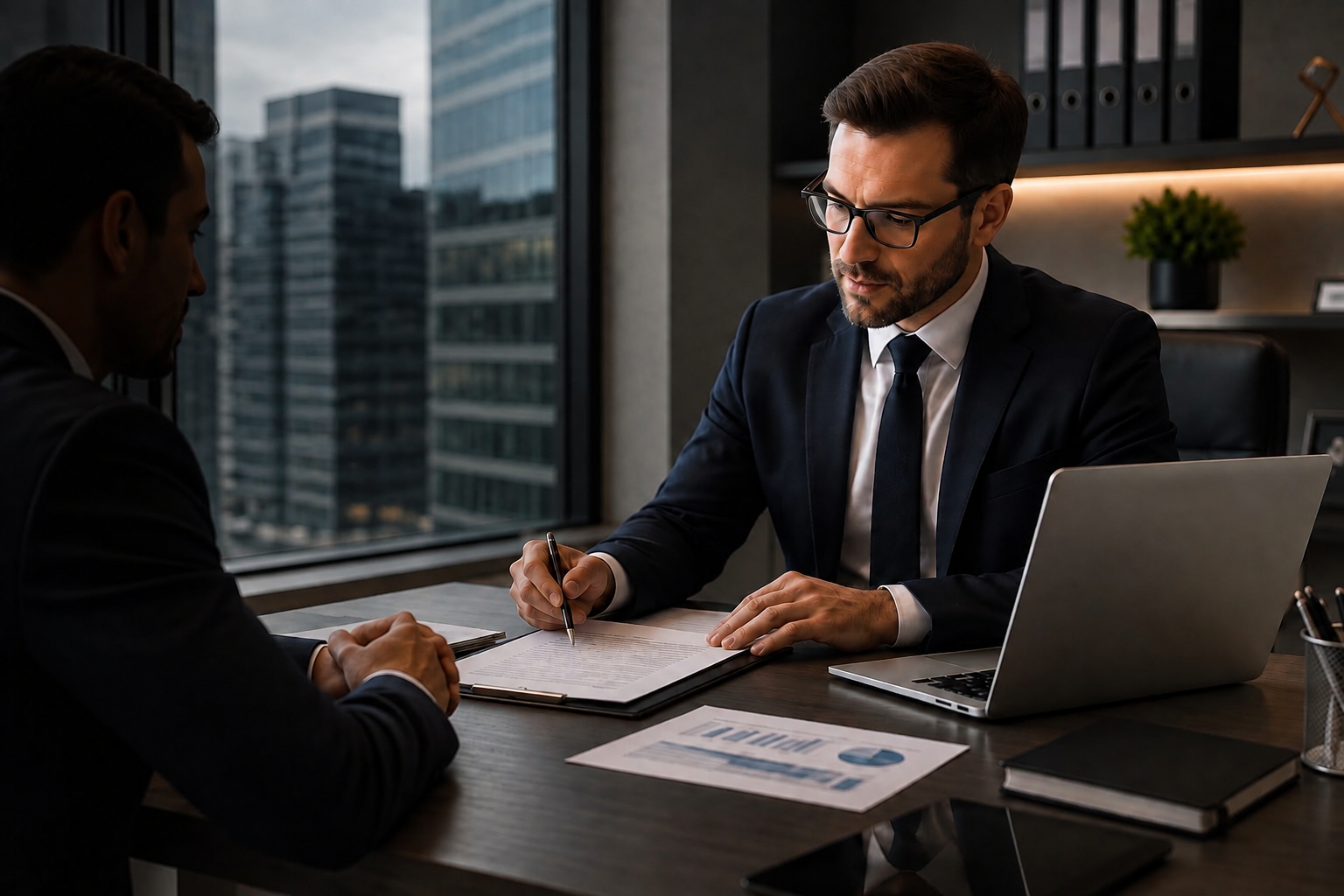 Advogado especialista em assessoria jurídica empresarial reunido com empresário em escritório corporativo